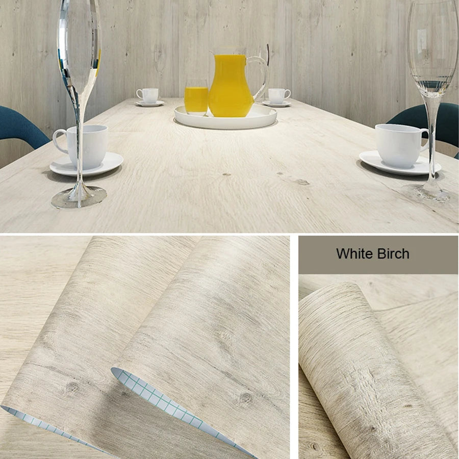 Self-Adhesive Wood Wallpaper White PVC Waterproof Decorative Film Kitchen Cabinet Bedroom Wardrobe Furniture Renovation Stickers