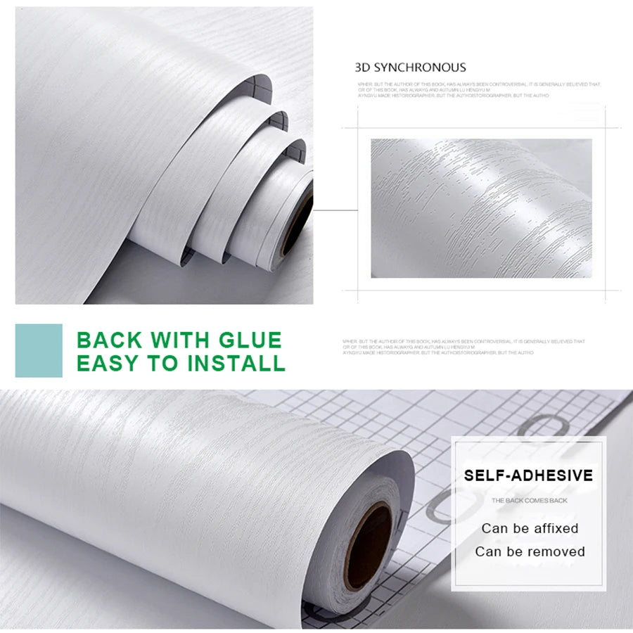 Self-Adhesive Wood Wallpaper White PVC Waterproof Decorative Film Kitchen Cabinet Bedroom Wardrobe Furniture Renovation Stickers